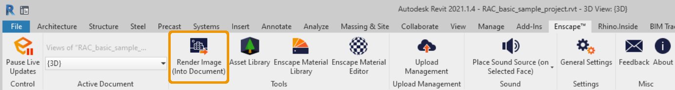 The Render Image (into Document) button in Revit